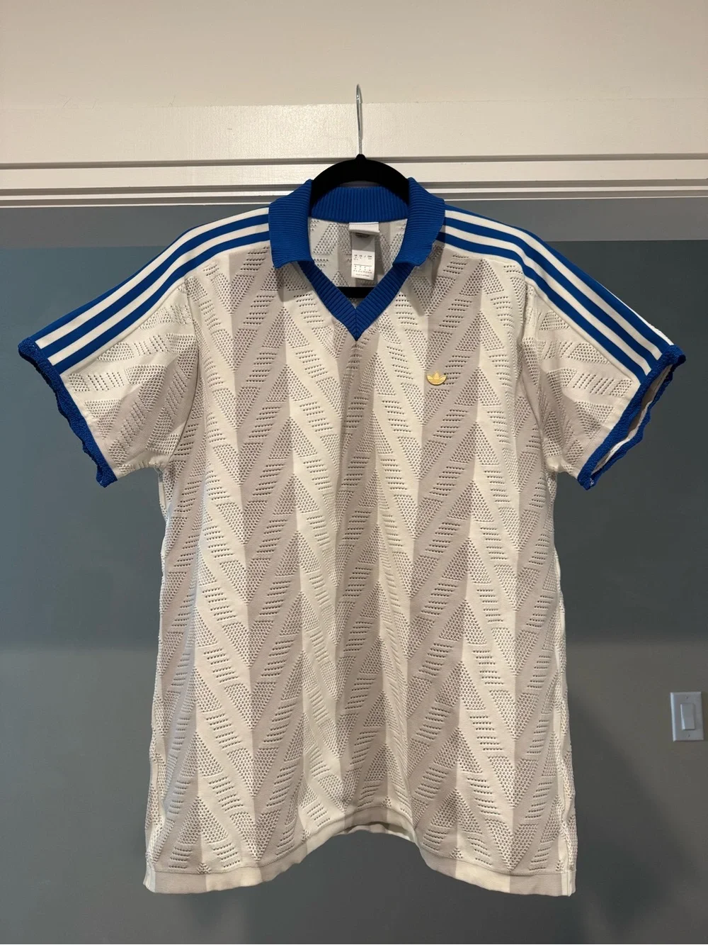 adidas White Grey Striped Knit Polo Jersey Top with Blue Rib Trim